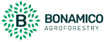 Bonamico Agroforestry brand logo. Green leafs circulating a dark blue B letter.